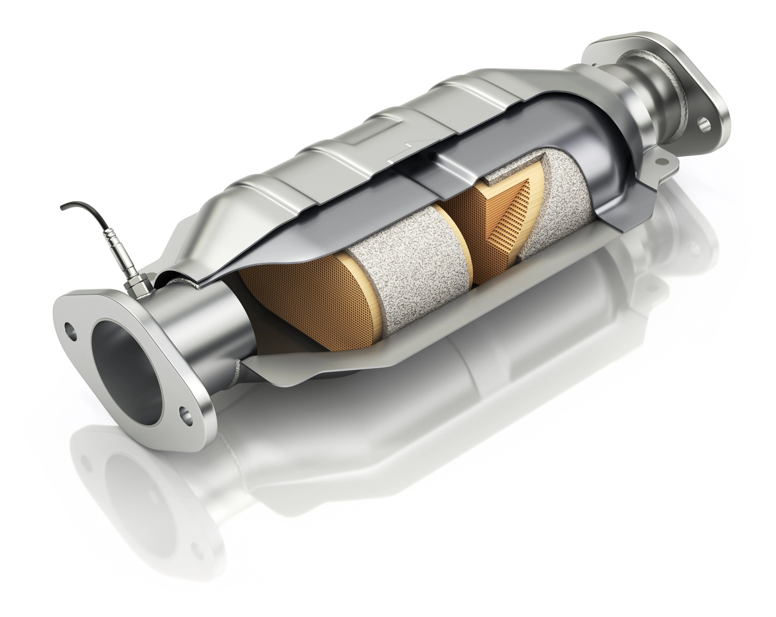 Cutaway of a catalytic converter showing the stainless steel shell, ceramic honeycomb substrate and oxygen sensor
