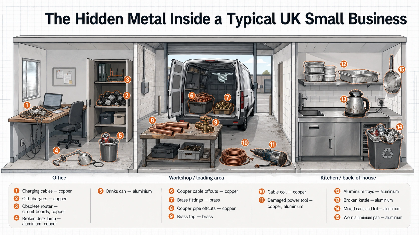 Cutaway illustration showing hidden non-ferrous metal items inside a typical UK small business &mdash; chargers and cables in the office, copper pipes and brass fittings in the workshop, aluminium trays and cans in the kitchen.
