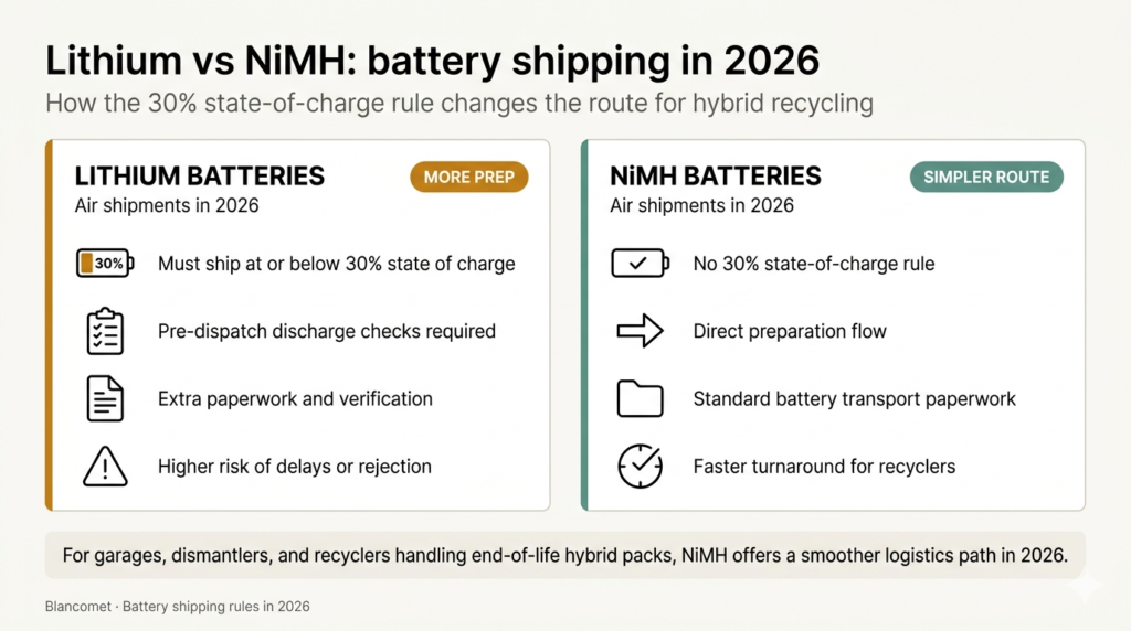 Side-by-side comparison of lithium and NiMH battery shipping requirements in 2026 &mdash; lithium batteries require 30% state-of-charge prep and extra paperwork, while NiMH batteries follow a simpler route with no state-of-charge rule.
